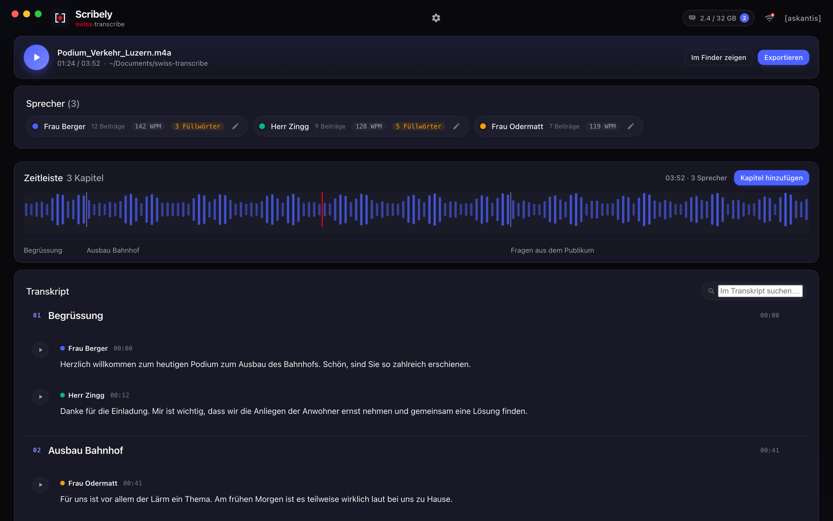 Scribely app showing a Swiss German transcript with speakers, chapters, and waveform