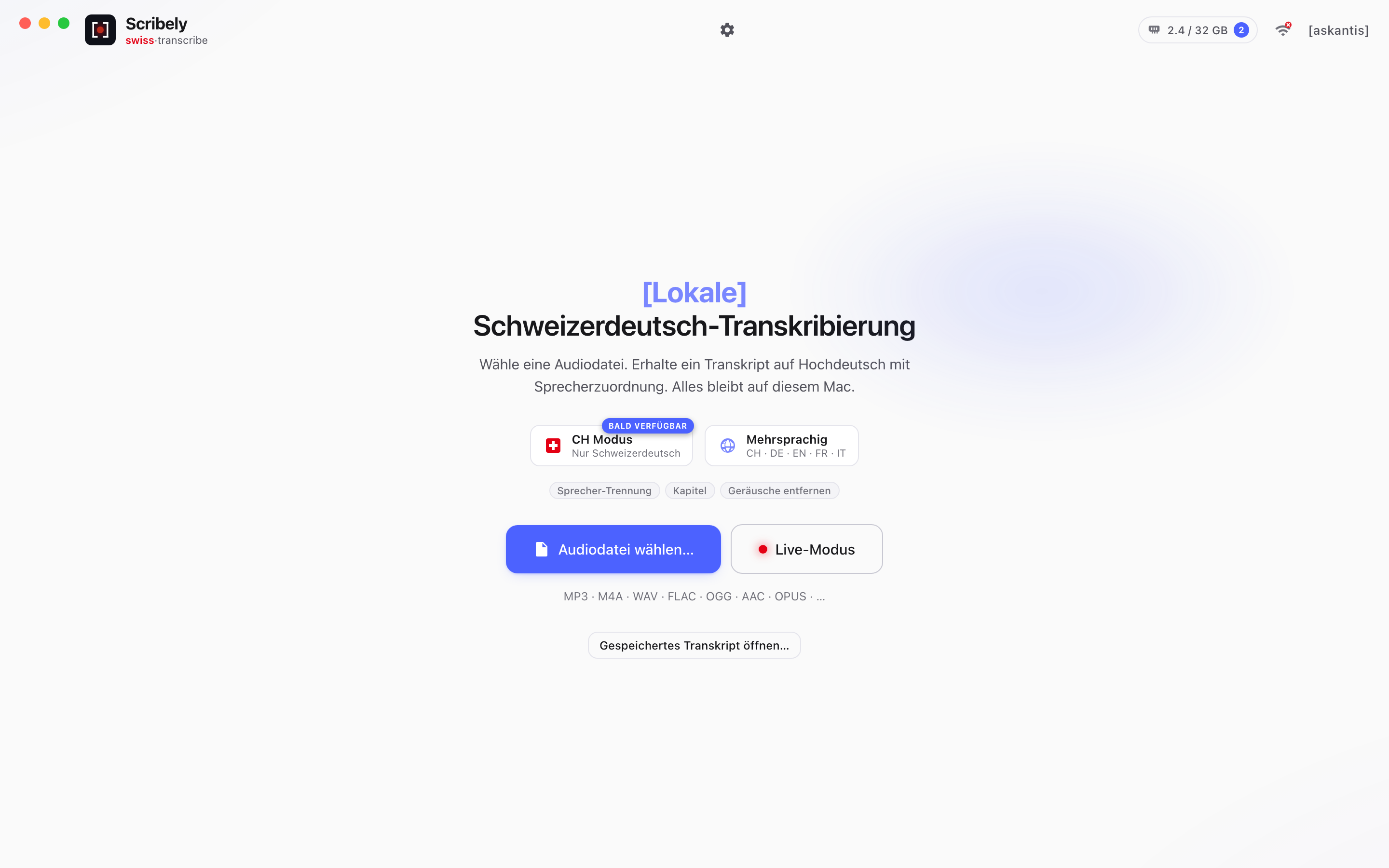 Scribely empty state ready to drop an audio file
