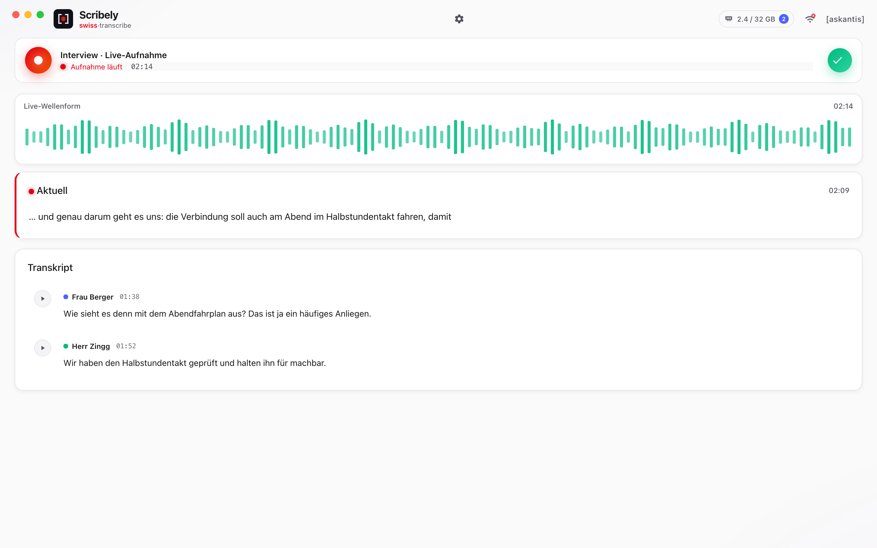 Scribely live microphone transcription with waveform