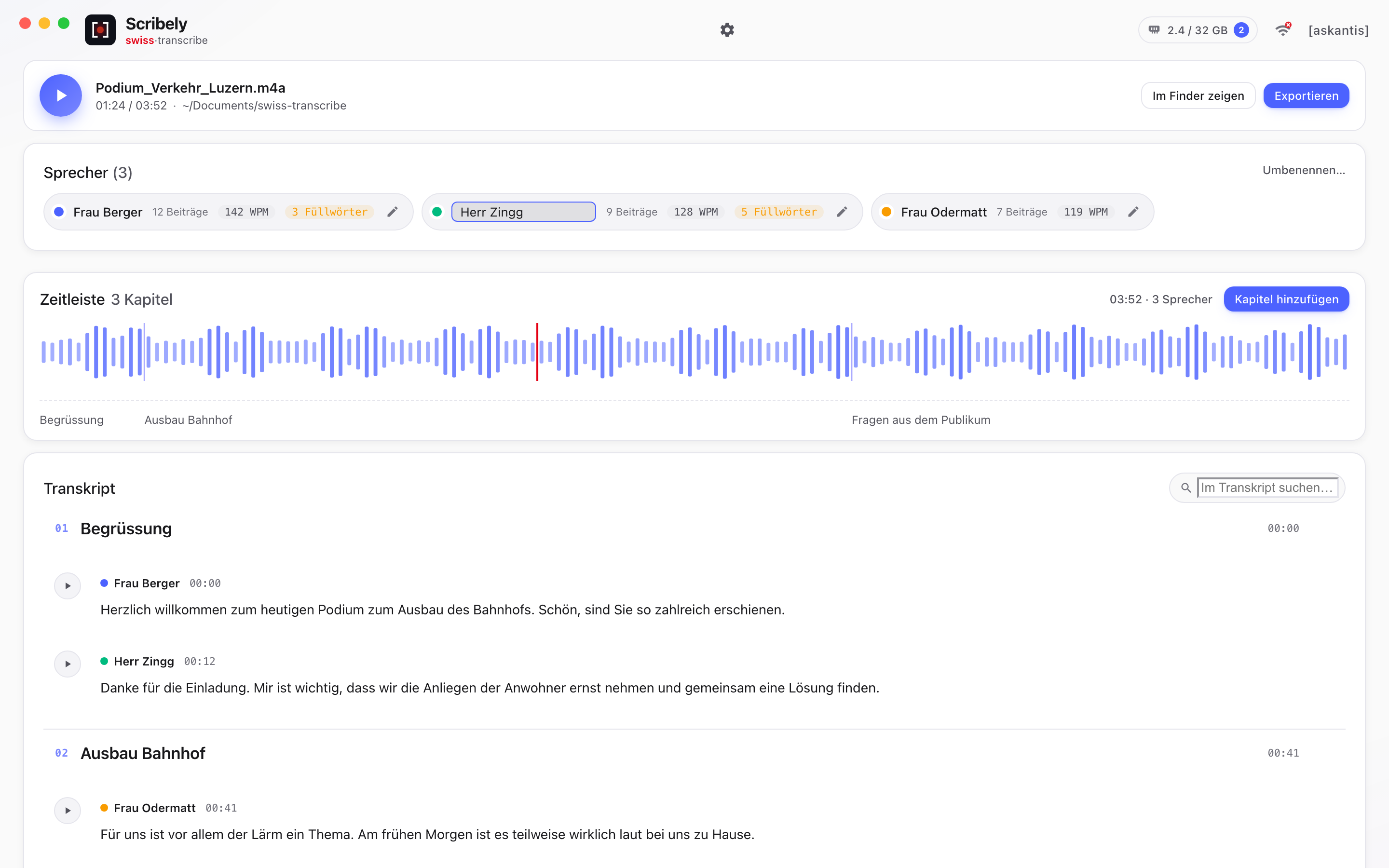 Scribely transcript editing with speaker labels